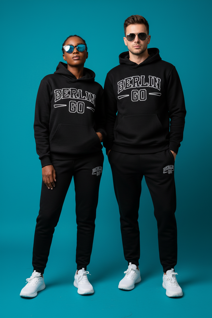 Beide Personen mit Berlin Go Outfit vor Pantone 638 Hintergrund