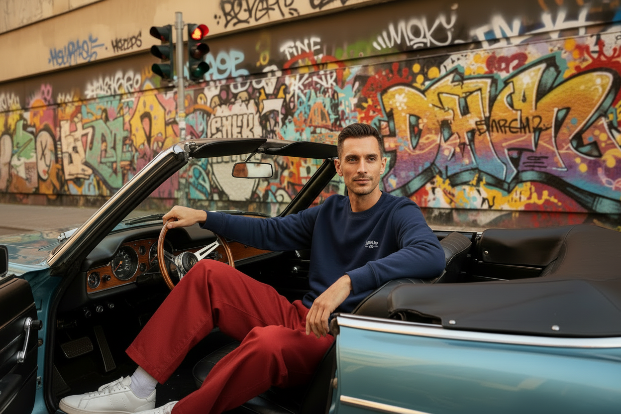 European man in vintage convertible with red trousers