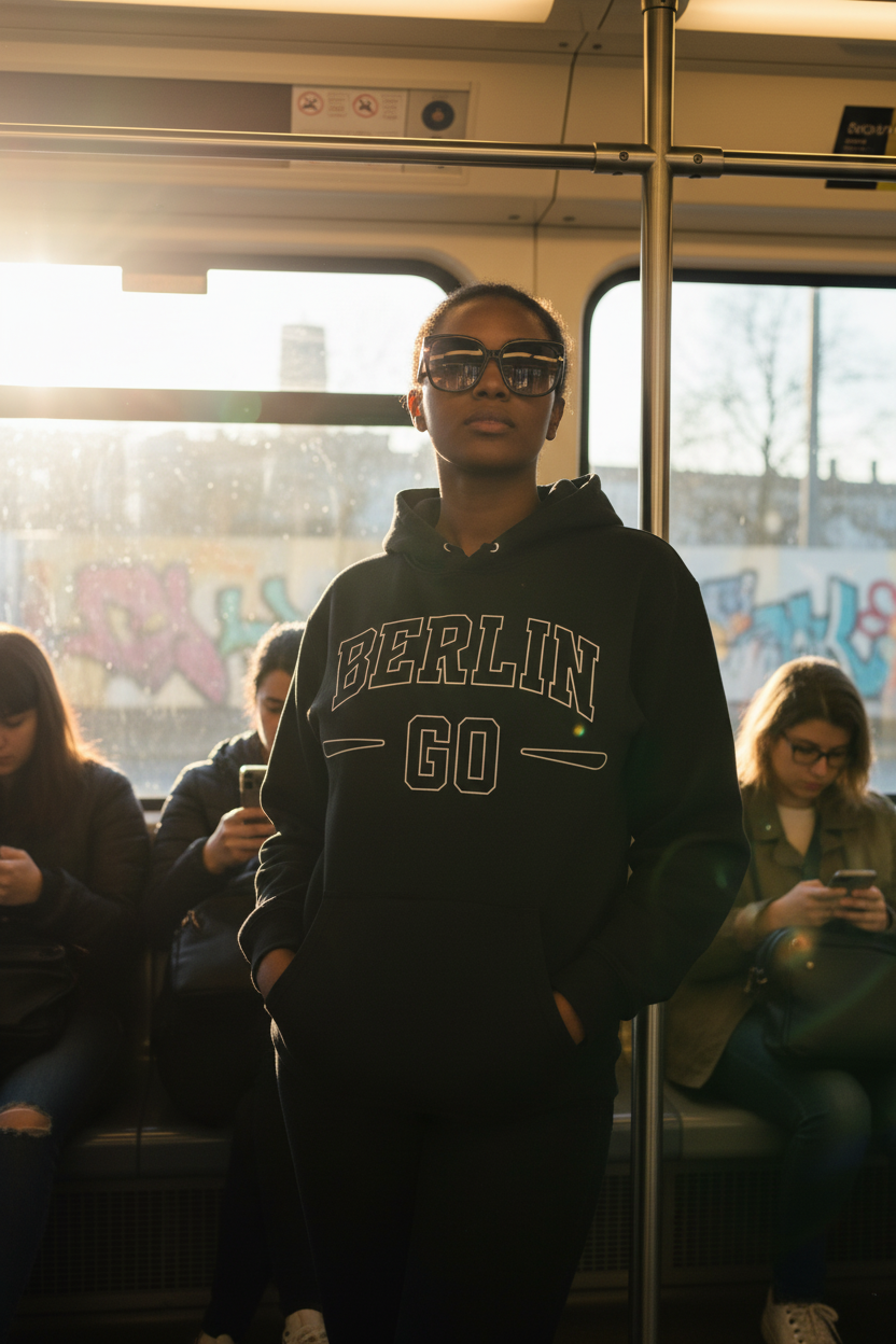 Frau in BERLIN GO Hoodie in der Berliner U-Bahn