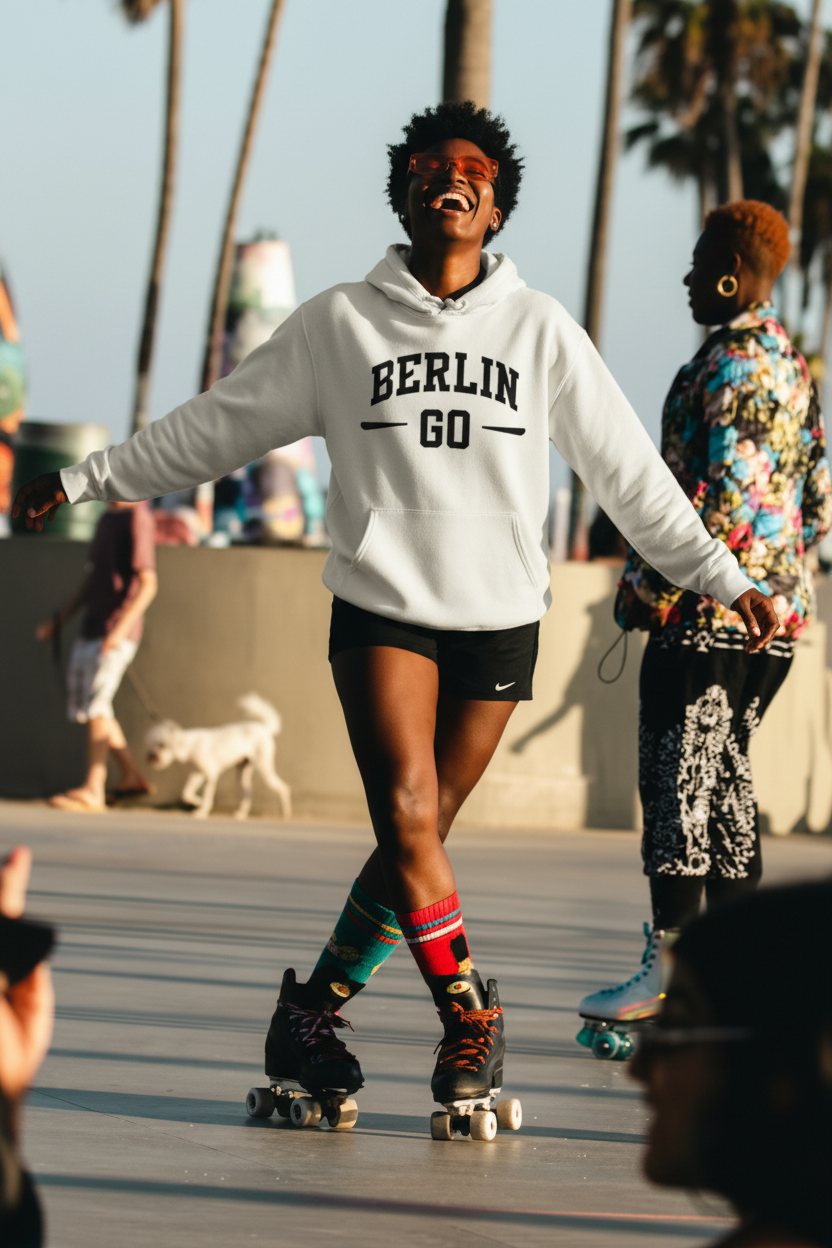 Glückliche Frau auf Rollschuhen mit Berlin Go Hoodie