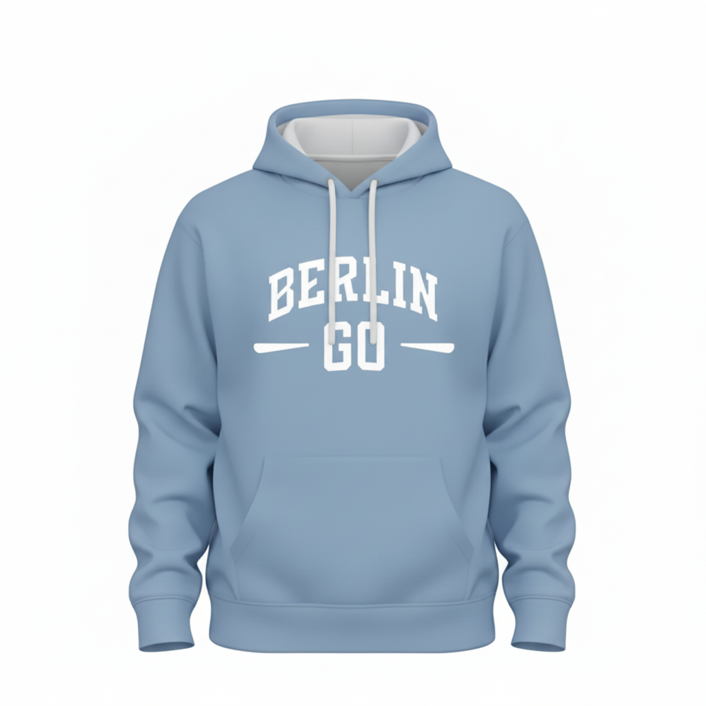 Hellblauer Berlin Go Hoodie - mit Kordeln ohne Metallenden