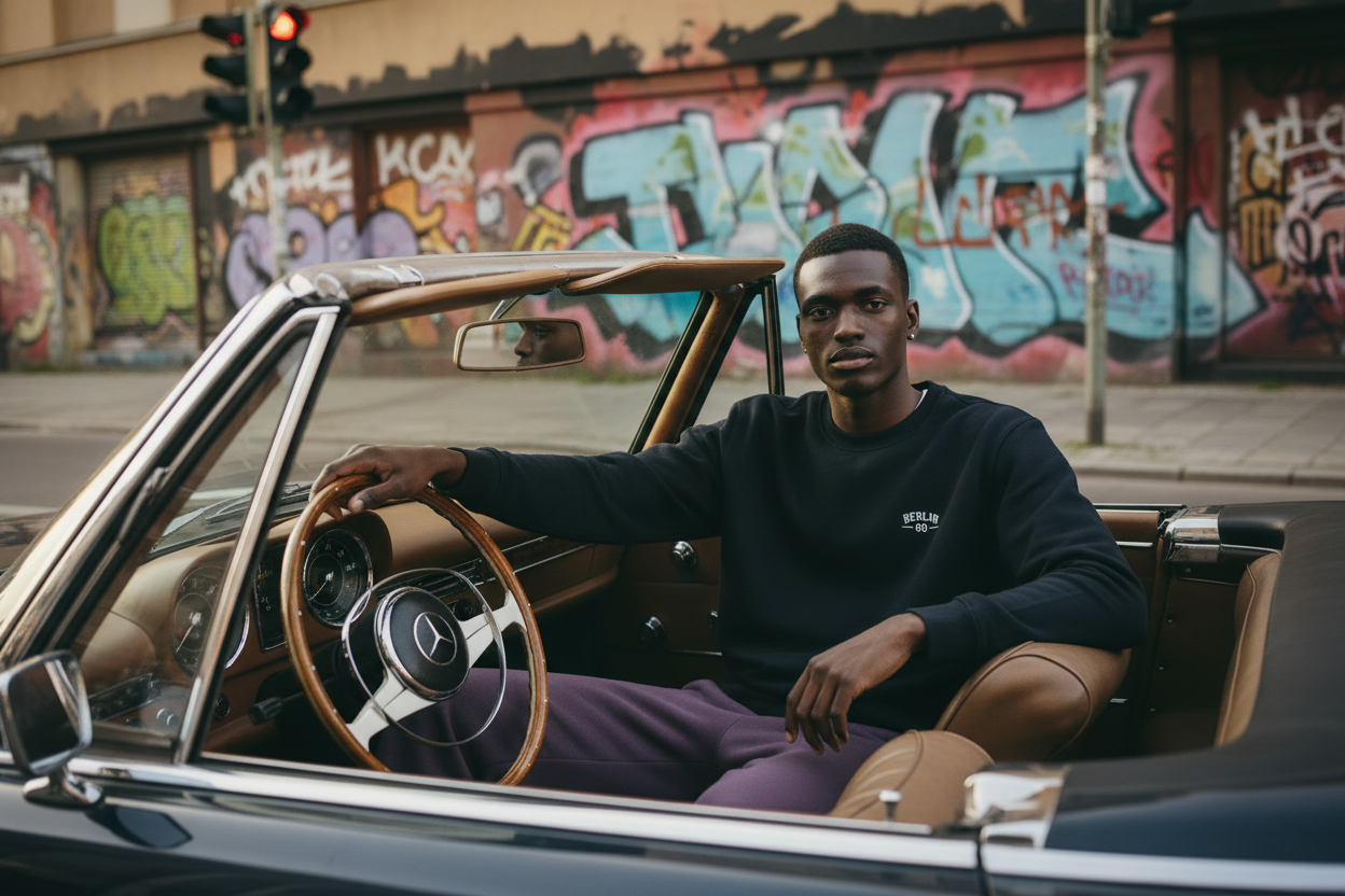 Man in vintage convertible wearing navy Berlin Go crewneck